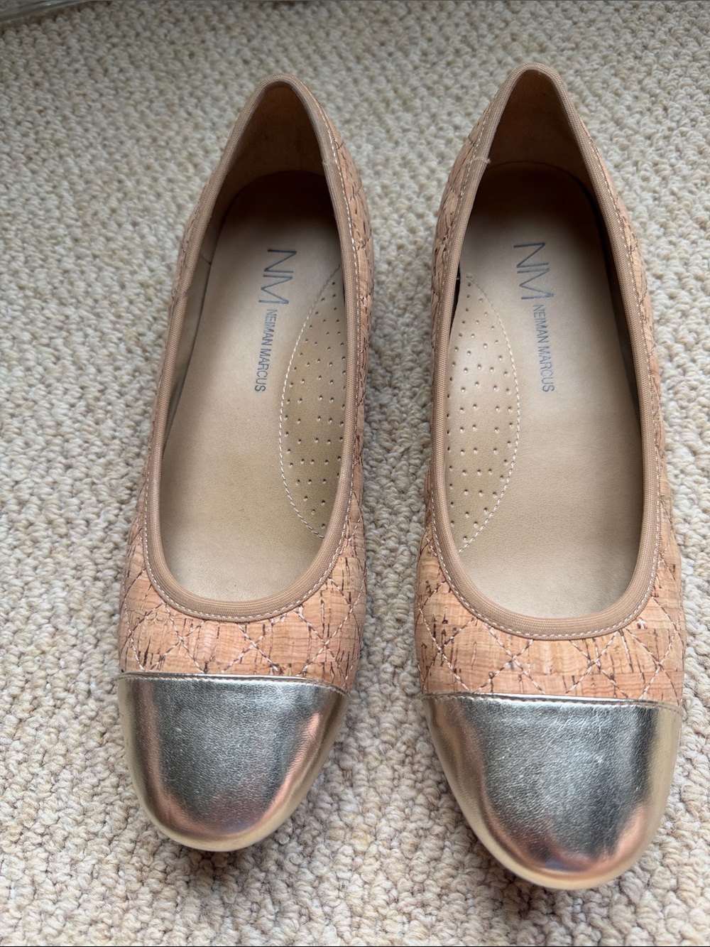 Neiman Marcus Cork-Textured Ballet Flats with Metallic Toe Cap